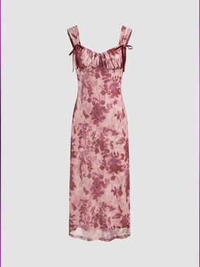 Cider Mesh Square Neck Floral Bowknot Midi Dress